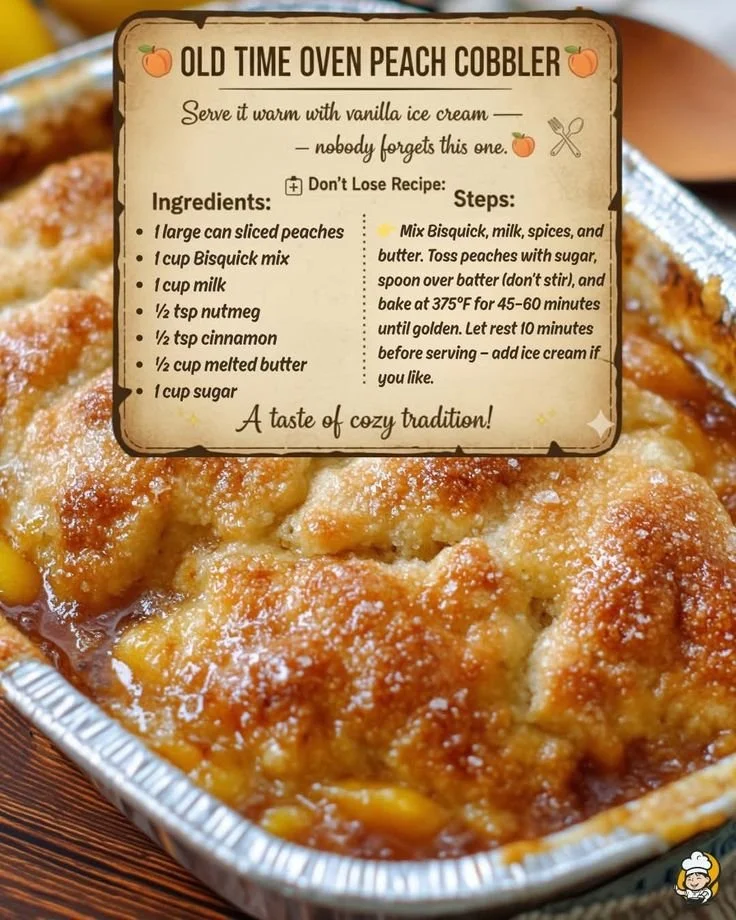 Delicious old-time oven peach cobbler served warm with a golden crust and fresh peaches