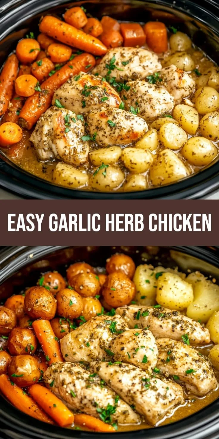 Delicious garlic herb chicken cooked in a crockpot for an easy dinner option.