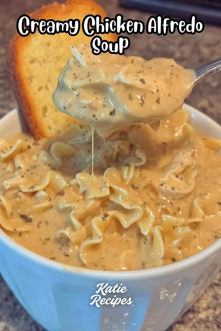 Creamy Chicken Alfredo Soup in a bowl, perfect for cozy dinners.