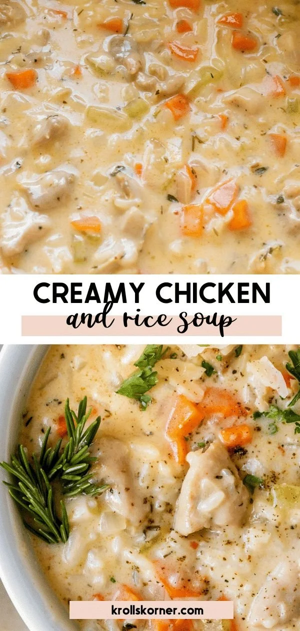 Bowl of creamy chicken and rice soup with fresh herbs and vegetables