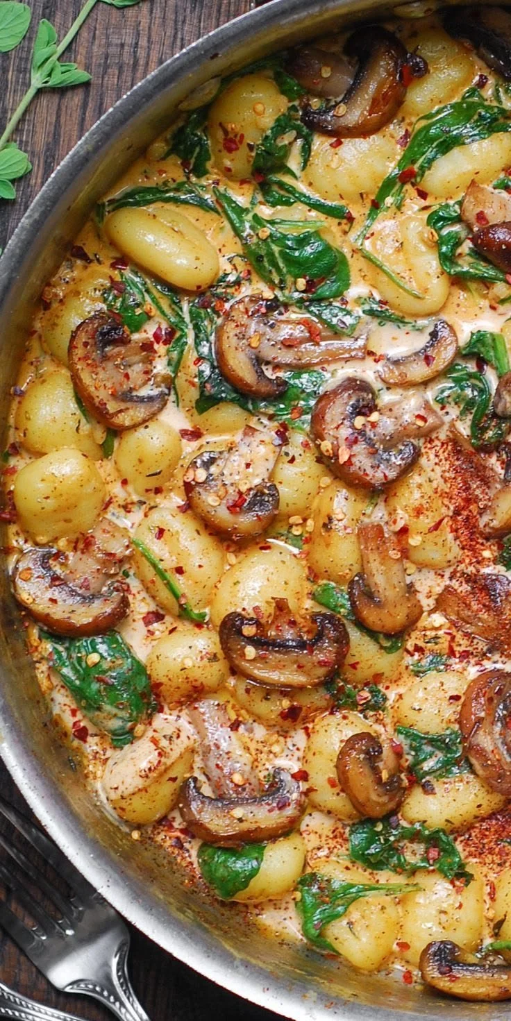 Creamy spinach mushroom gnocchi with garlic and smoked paprika sauce