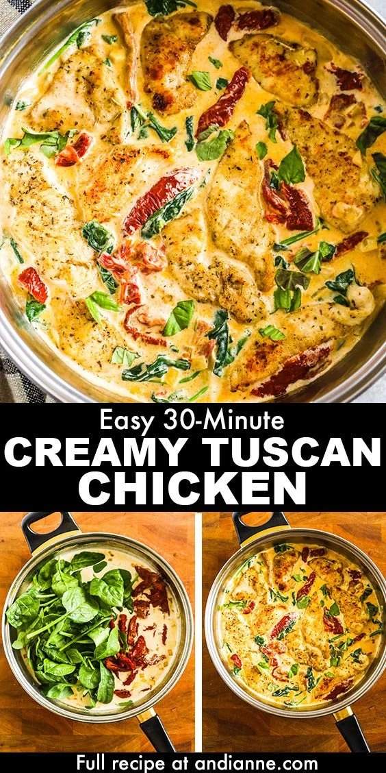 Creamy Tuscan chicken with spinach and sun-dried tomatoes over pasta