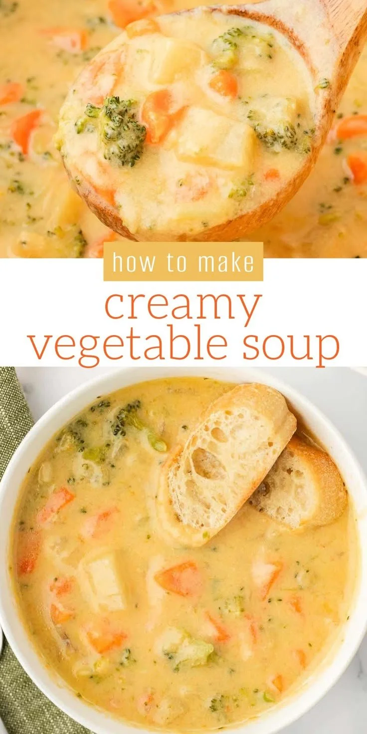 Bowl of creamy vegetable soup with fresh vegetables and herbs