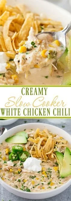 Bowl of creamy white chicken chili with beans and toppings