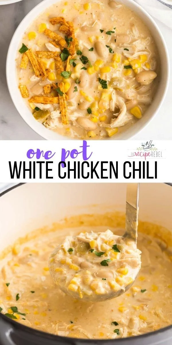 Bowl of creamy white chicken chili garnished with cilantro and lime