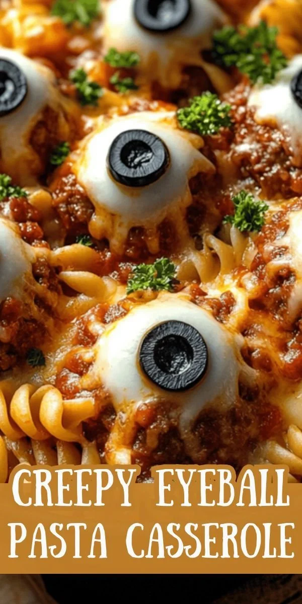 Creepy eyeball pasta casserole dish with meatballs and sauce