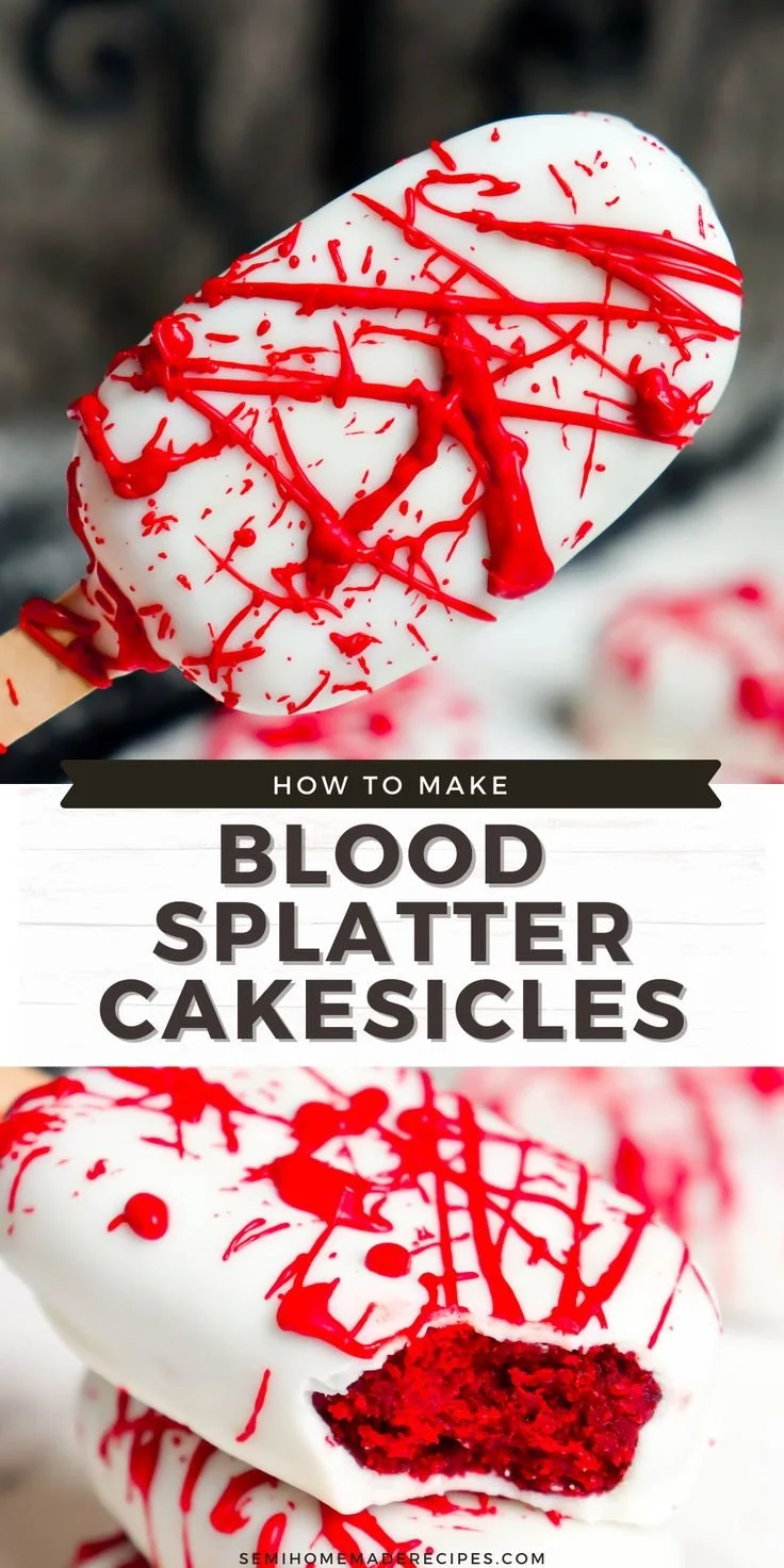 Creepy Halloween blood splatter cakesicles decorated for spooky festivities