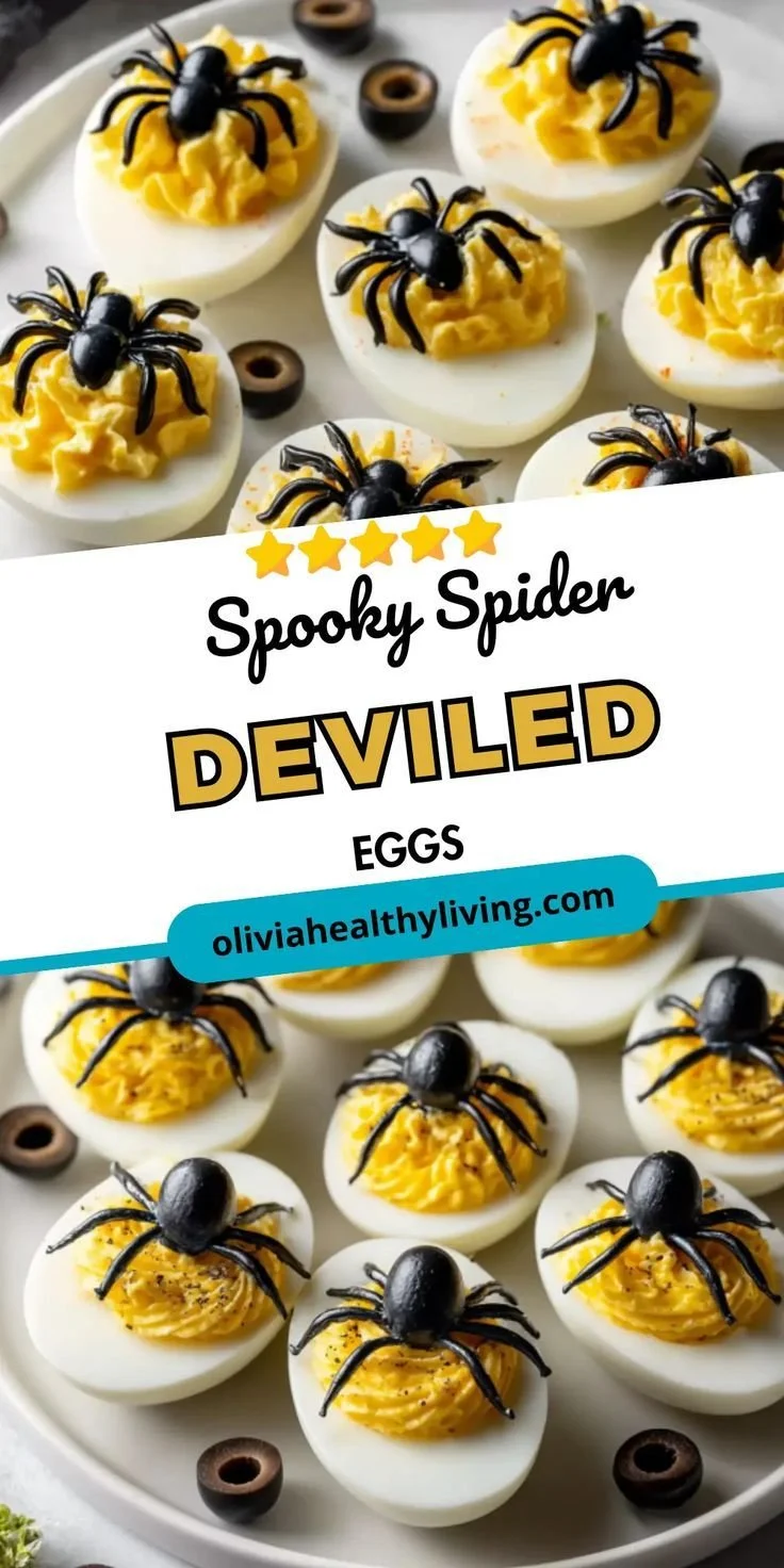 Creepy spider deviled eggs decorated for Halloween party