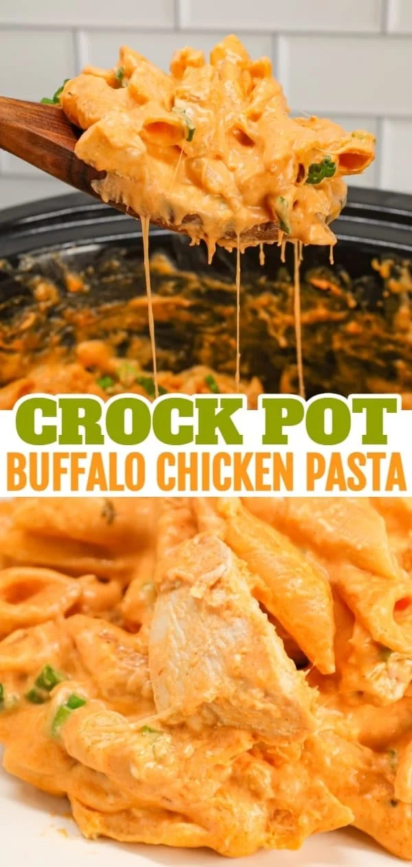 Crock Pot Buffalo Chicken Pasta served in a bowl with cheese and herbs