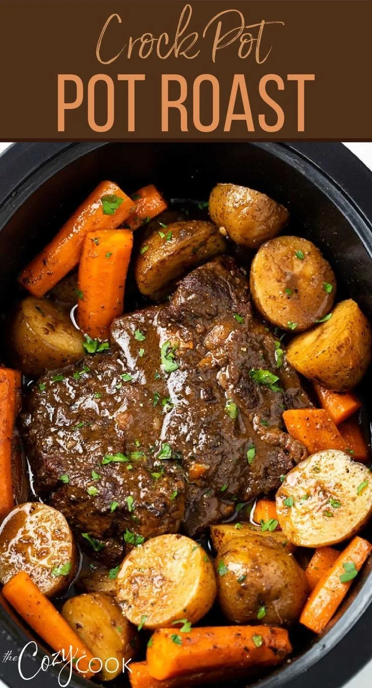 Delicious Crock Pot Roast served with vegetables and herbs