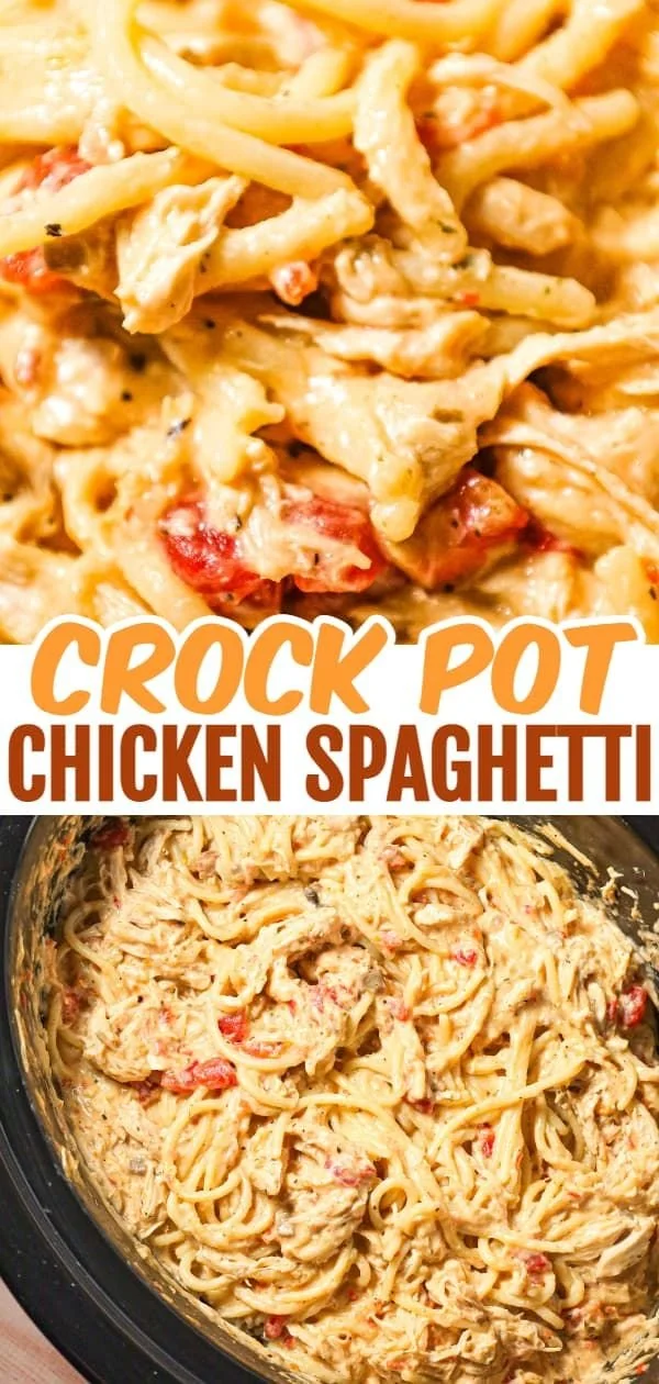 Delicious crock pot chicken spaghetti with rotel, served in a bowl.