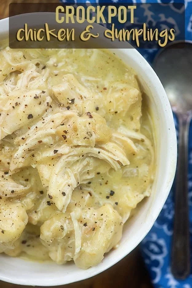 Delicious Crockpot chicken and dumplings in a creamy broth with veggies.