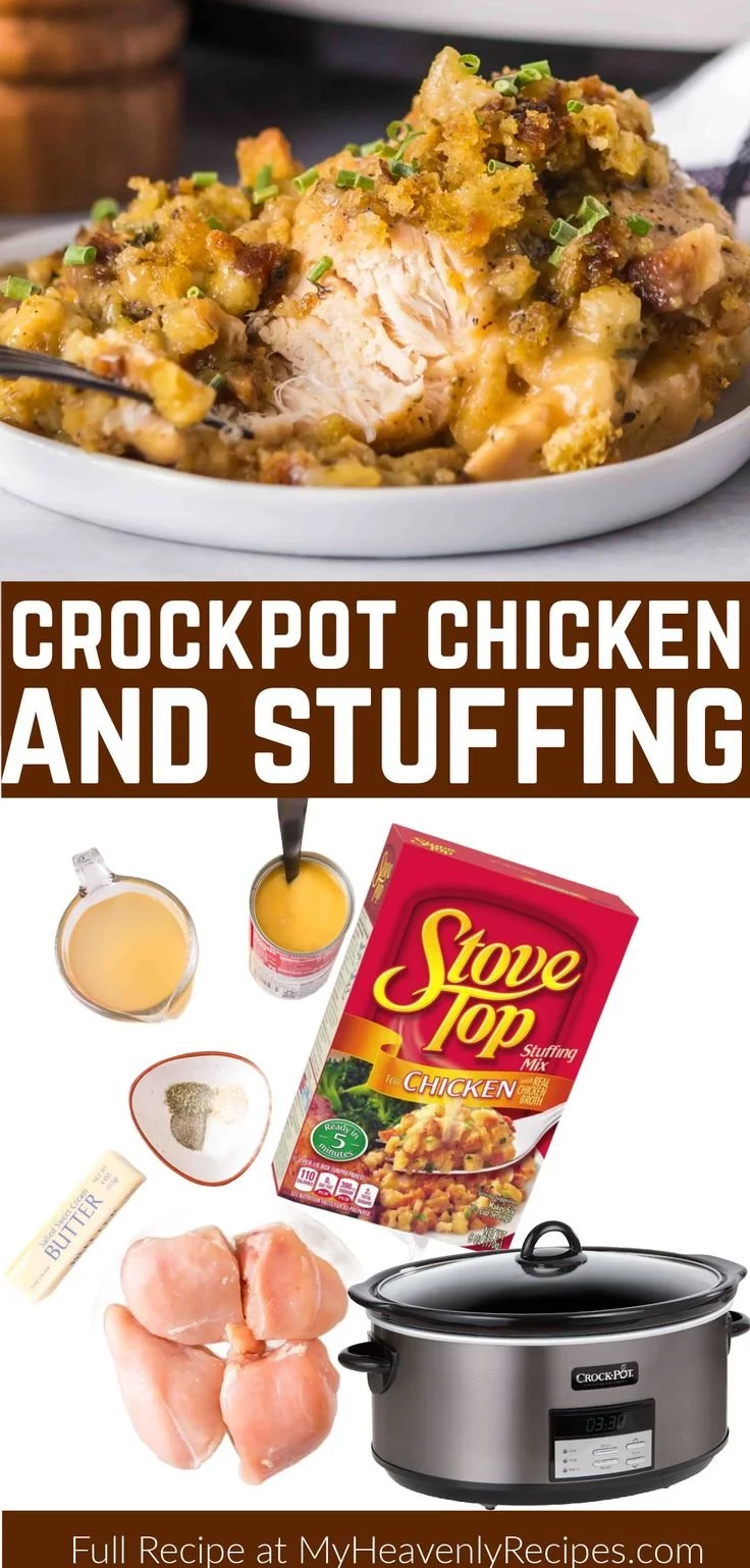 Crockpot chicken and stuffing served in a bowl with parsley garnish