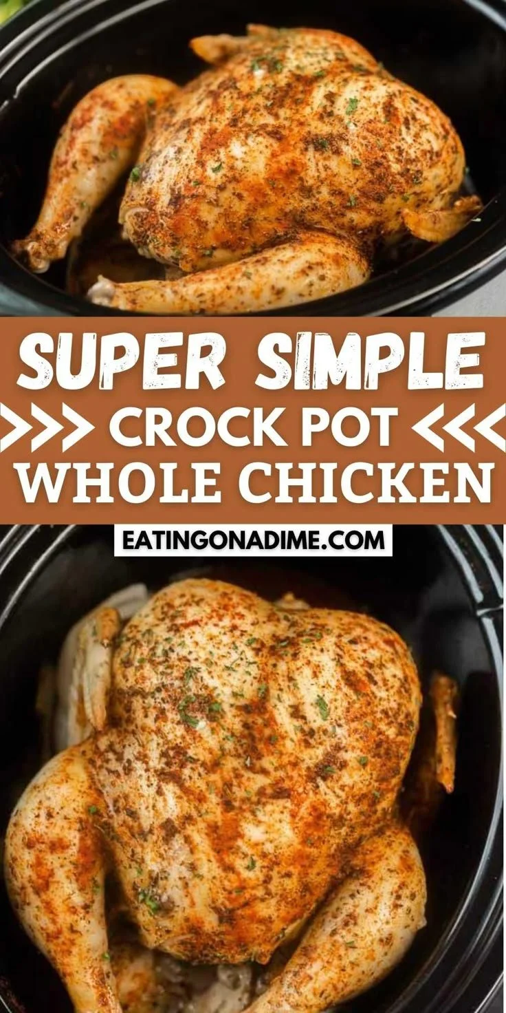 Juicy crockpot whole chicken cooked to perfection in a slow cooker