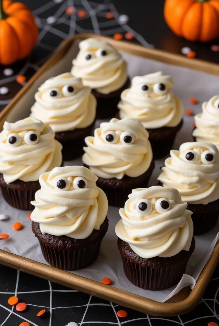 Cute Halloween cupcakes decorated with eyes, ideal for fall and spooky celebrations.