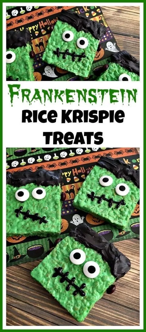 Cute Frankenstein Rice Krispie Treats decorated with chocolate and candy eyes.