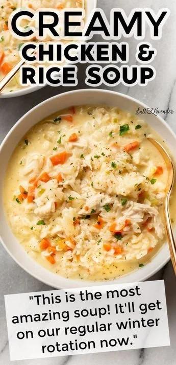 Bowl of creamy chicken and rice soup with fresh herbs