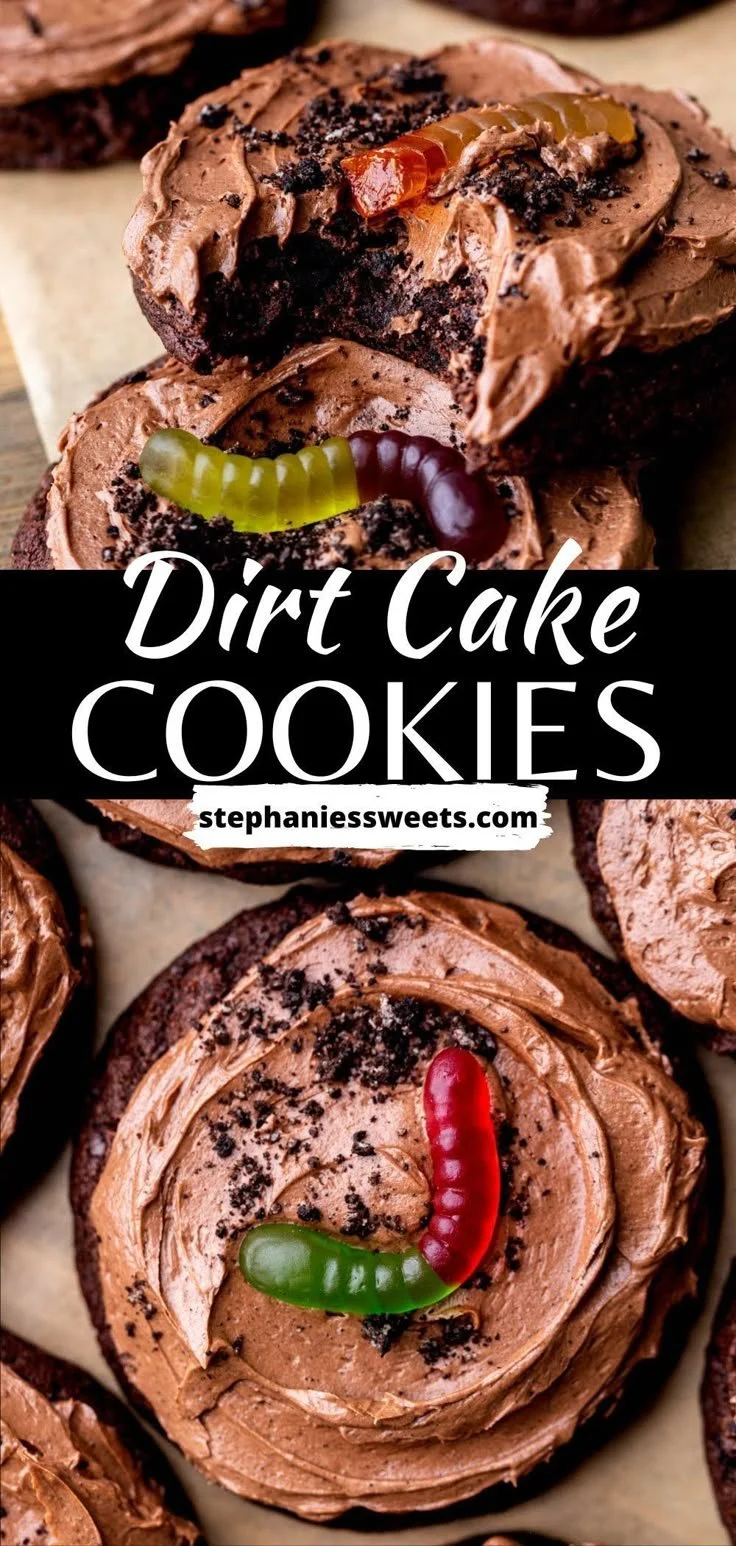 Delicious Dirt Cake Cookies with chocolate and cream filling topped with crushed cookies.