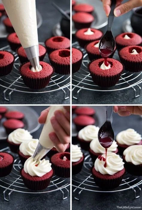 Colorful decorated spooky cupcakes for Halloween with cobwebs and creepy characters.