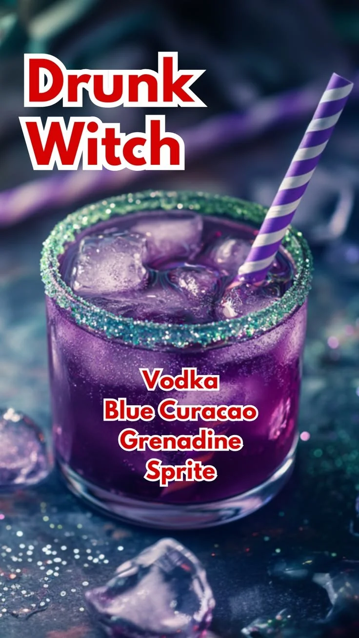 A whimsical illustration of a drunk witch casting spells with a potion in hand.