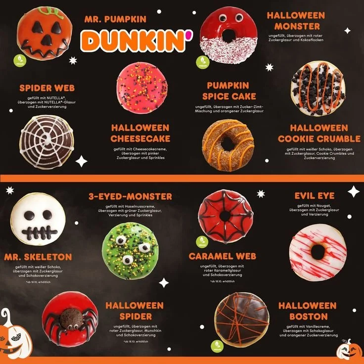 Halloween themed donuts at Dunkin Donuts in Austria for fall celebrations.