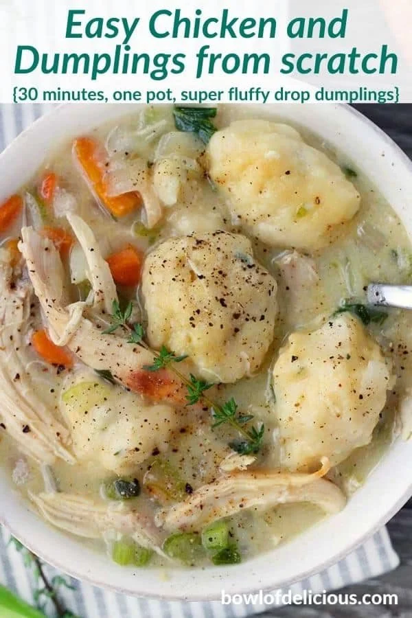 Bowl of delicious homemade chicken and dumplings garnished with herbs