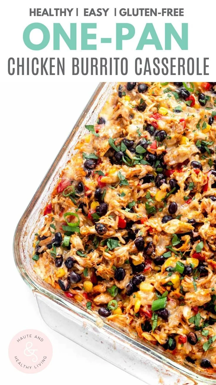 Delicious easy chicken burrito casserole ready to serve.