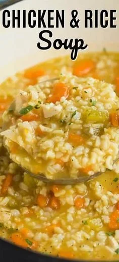 Bowl of easy chicken rice soup with vegetables and herbs