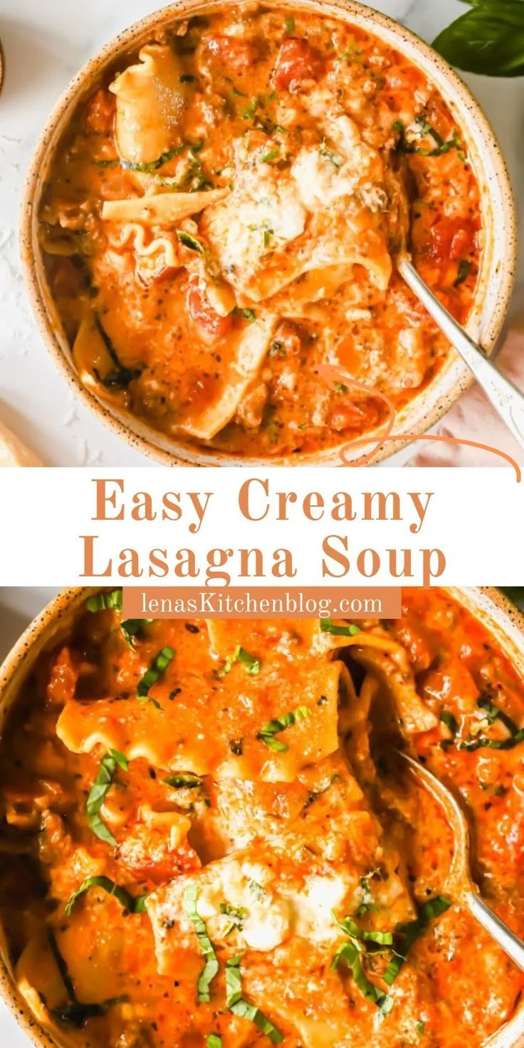 Bowl of Easy Creamy Lasagna Soup topped with cheese and herbs