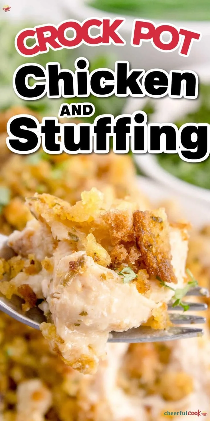 Delicious easy Crockpot Chicken and stuffing served in a bowl