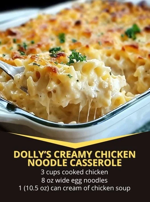 Dolly's creamy chicken noodle casserole with noodles and chicken in a baking dish.