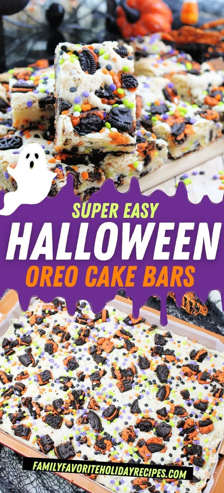 Delicious Halloween Oreo Cake Bars topped with spooky decorations