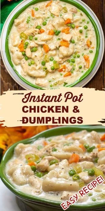 Instant Pot chicken and dumplings soup in a bowl with herbs