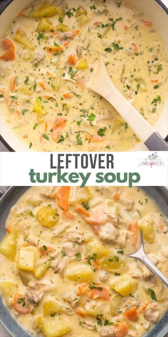 Bowl of easy leftover turkey soup with vegetables and tender turkey pieces.