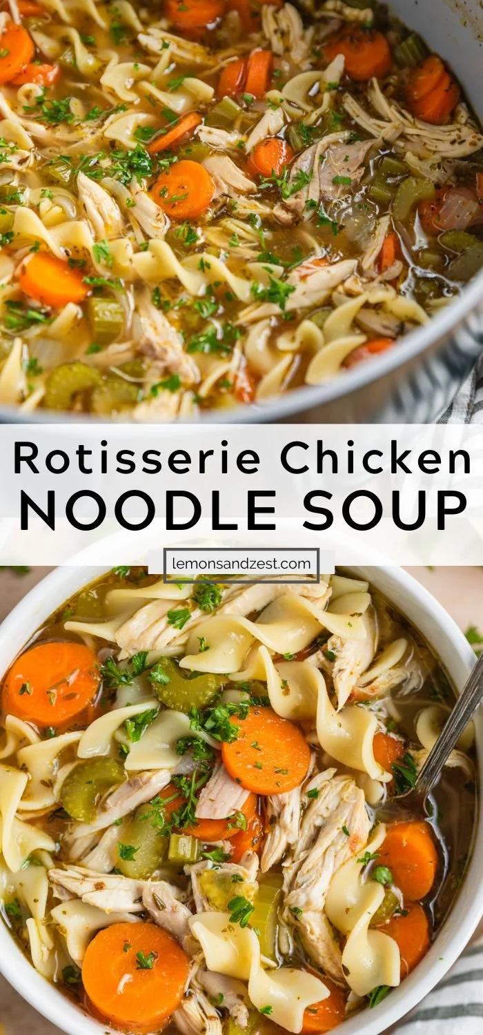 A bowl of easy rotisserie chicken noodle soup garnished with fresh herbs