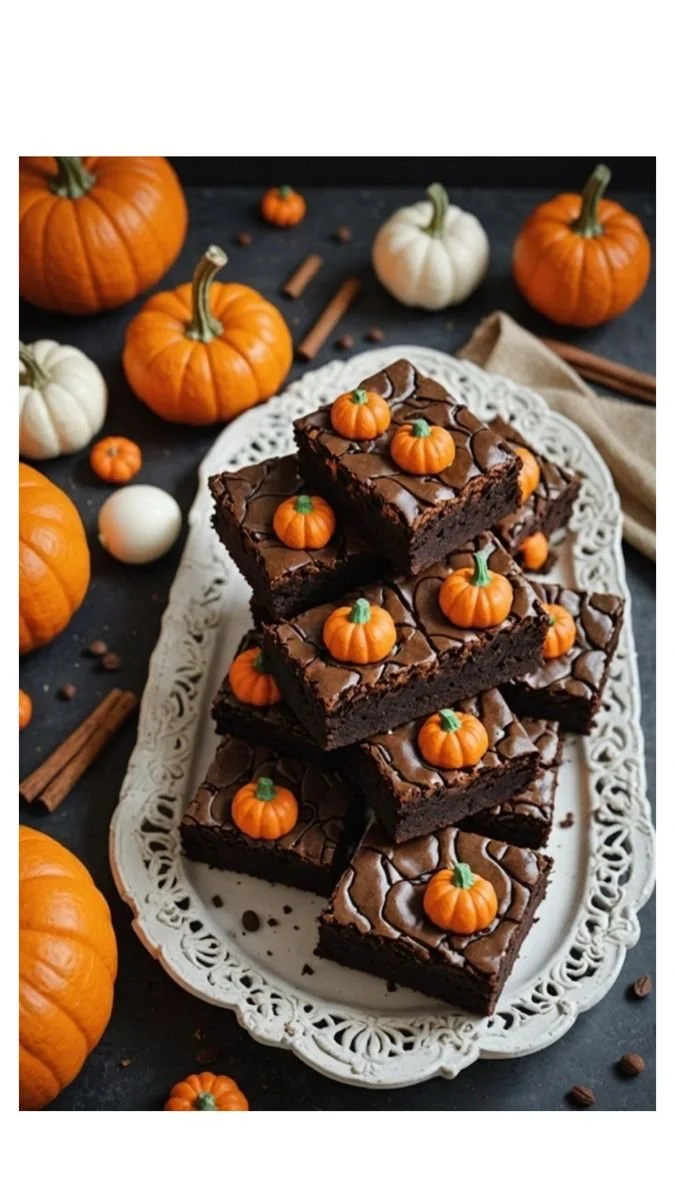 Delicious fall brownies decorated with pumpkins and autumn themes