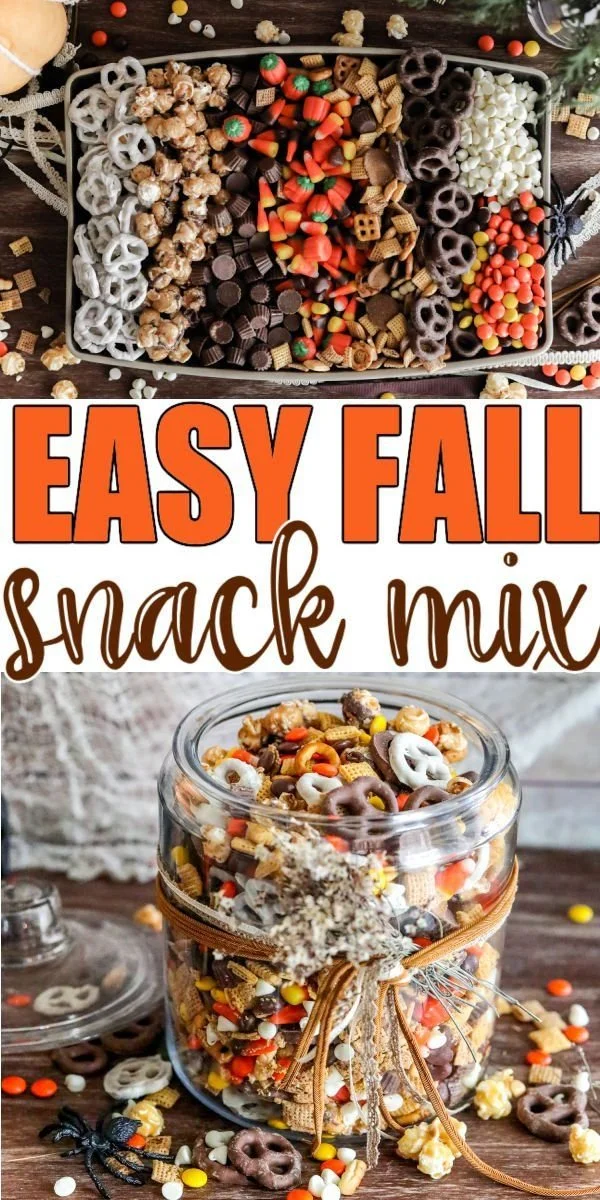 Delicious homemade fall snack mix with nuts, dried fruits, and sweet treats.