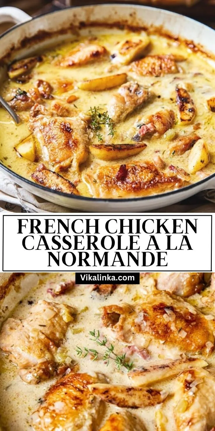 Delicious French Chicken Casserole à la Normande garnished with herbs