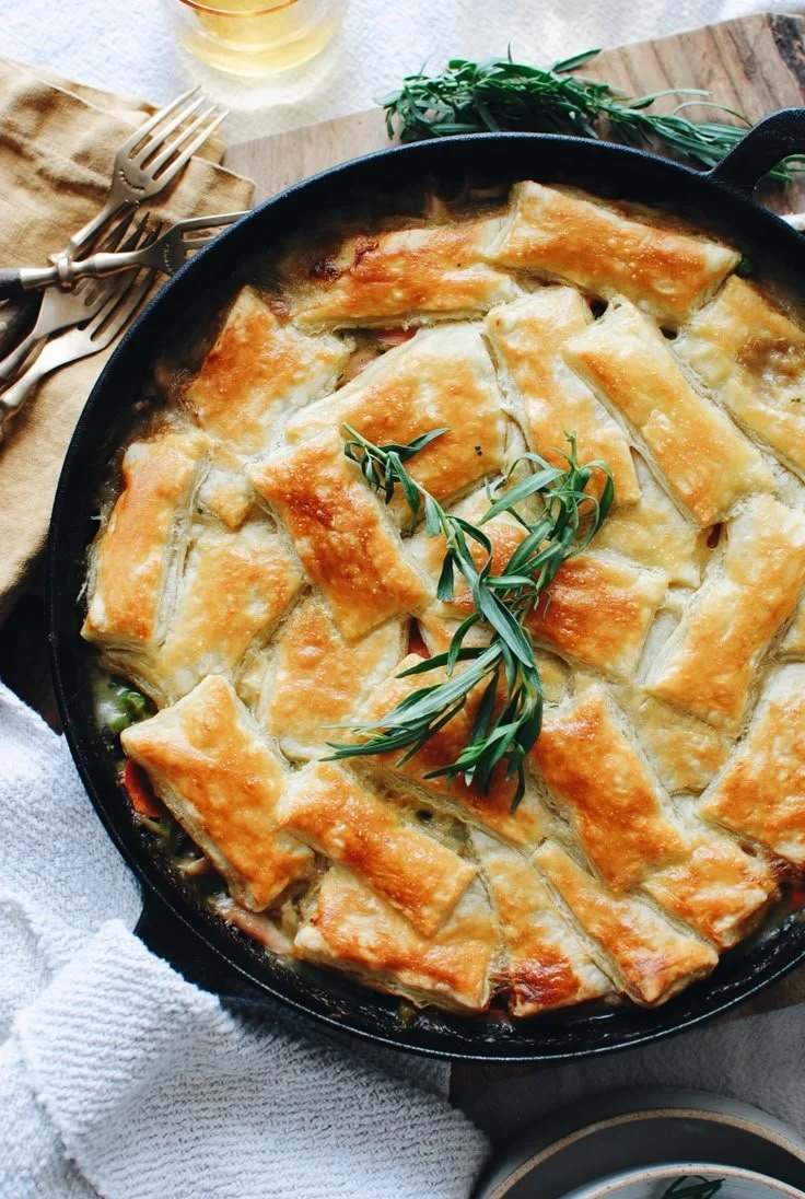 French-inspired chicken pot pie with flaky crust and savory filling