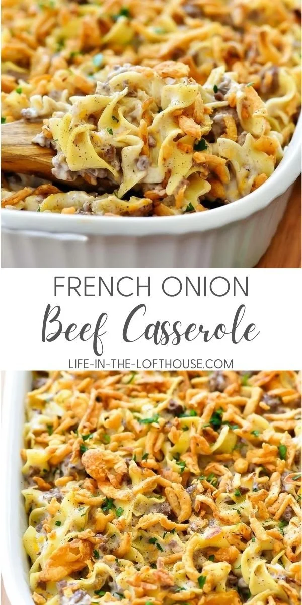 French Onion Beef Casserole served in a baking dish with melted cheese