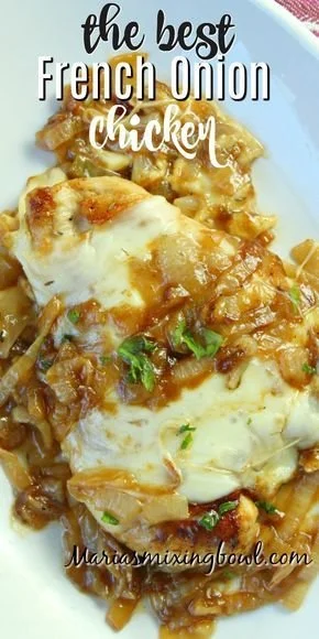 Delicious French onion chicken served on a plate with melted cheese