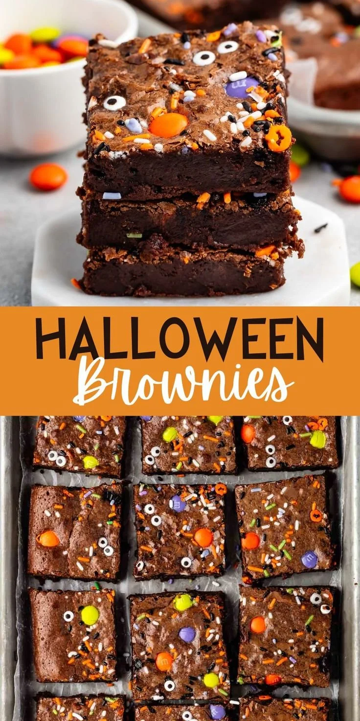Halloween brownies topped with candy and sprinkles for a spooky dessert