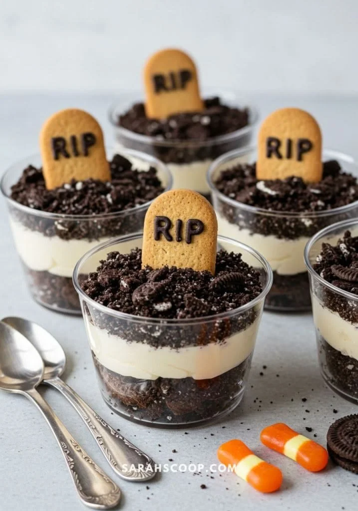 Spooky Graveyard Pudding Cups decorated with gummy worms and tombstone cookies
