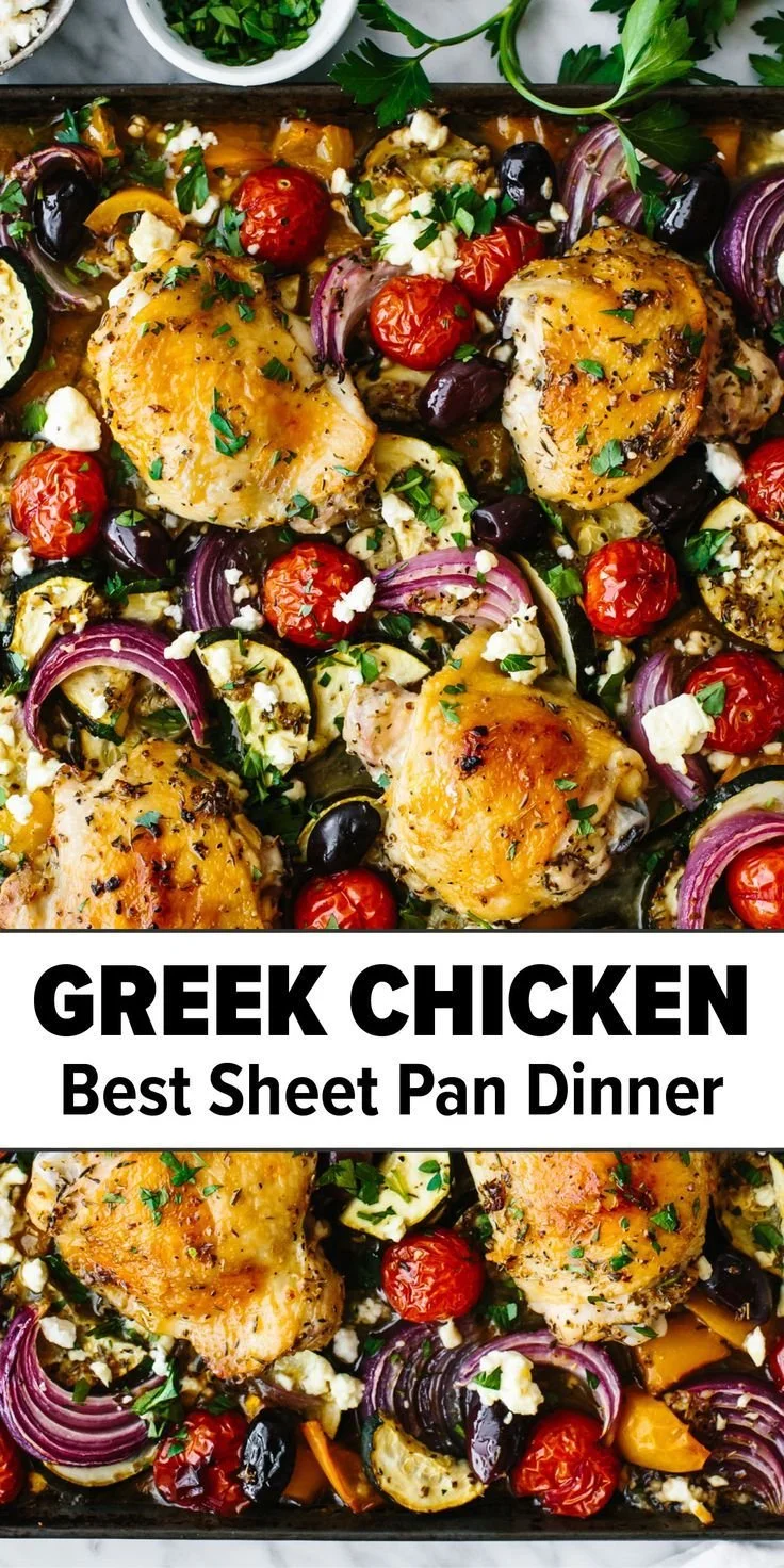 Greek Sheet Pan Chicken with vegetables on a baking tray