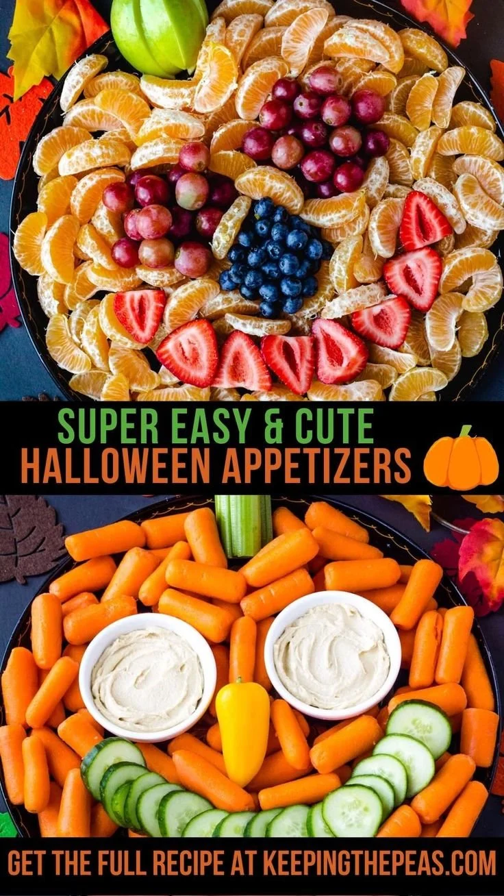 A variety of creative Halloween appetizers for a festive party spread.