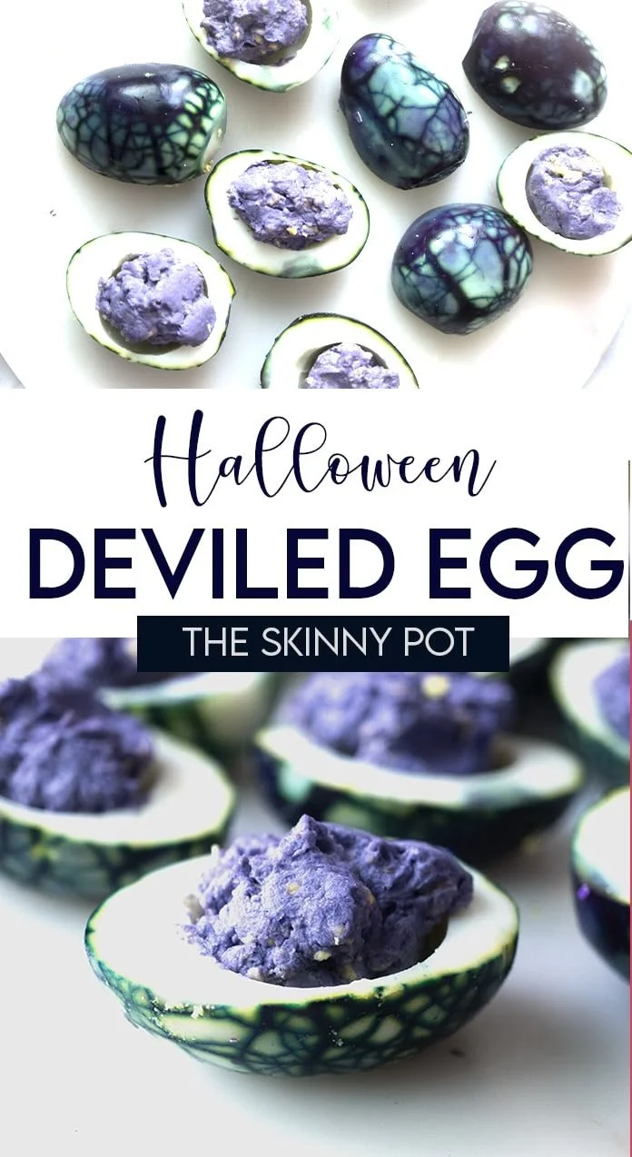 Colorful Halloween deviled eggs with spooky toppings for festive appetizers