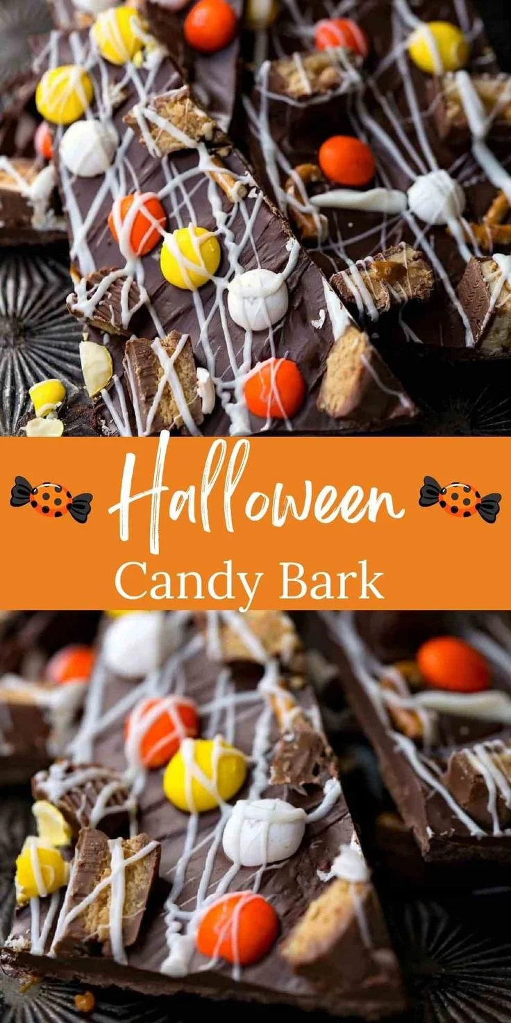 Colorful Halloween Candy Bark topped with candies and chocolate