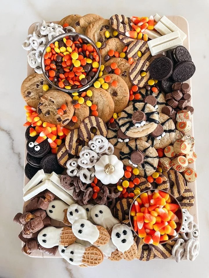 Halloween candy board with a variety of delicious treats.
