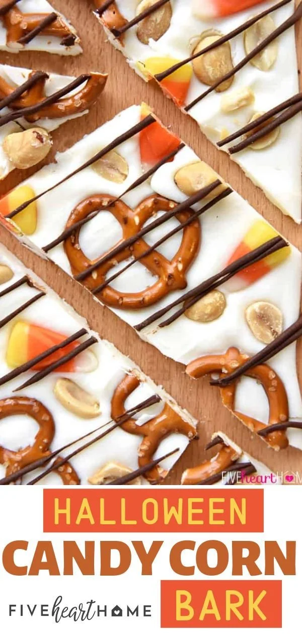 Halloween candy corn bark made with white chocolate, candy corn, pretzels, and peanuts