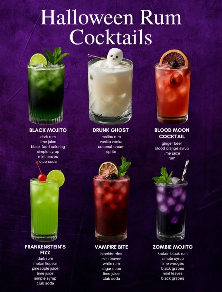 Spooky cocktail drinks for Halloween featuring alcohol and rum.